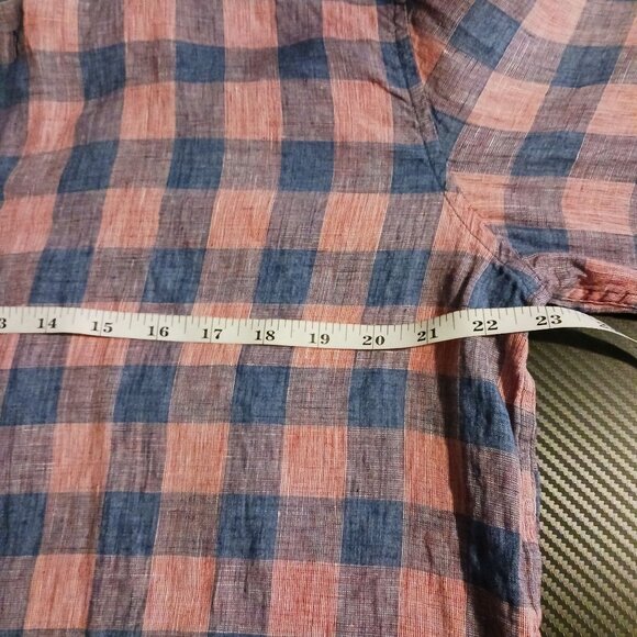 Robert Barakett Mens Longsleeve Plaid Linen‎ Button-Up Shirt Blue/Salmon L - Picture 11 of 13